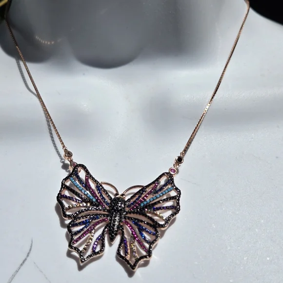 Gemstone Natural Sterling & Rosegold Butterfly Adjustable Necklace - Picture 3 of 12